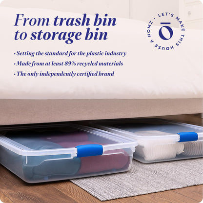 HOMZ 2-Pack Under Bed Storage, Clear Plastic Containers with Lids, 56 Quart, Blue Latch - Stackable Underbed Organizer Bins for Shoes, Bags, Clothes, and Towels
