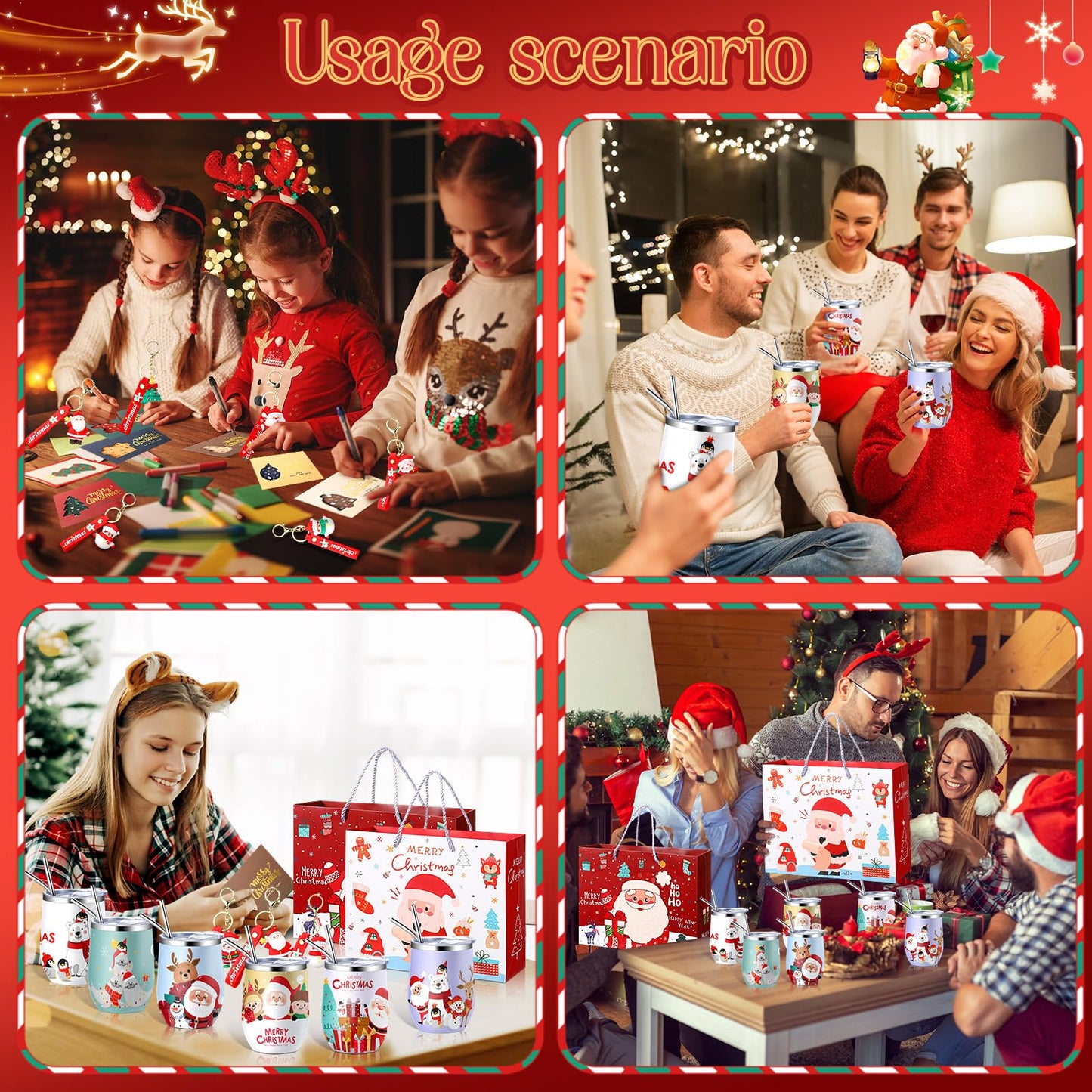Skylety 24 Pcs Christmas Gifts Bulk for Coworker Employee Women Men 6 Sets with 12oz Christmas Wine Tumblers Keychains Greeting Cards and Gift Bags for Xmas New Year Party Favors(Classic)