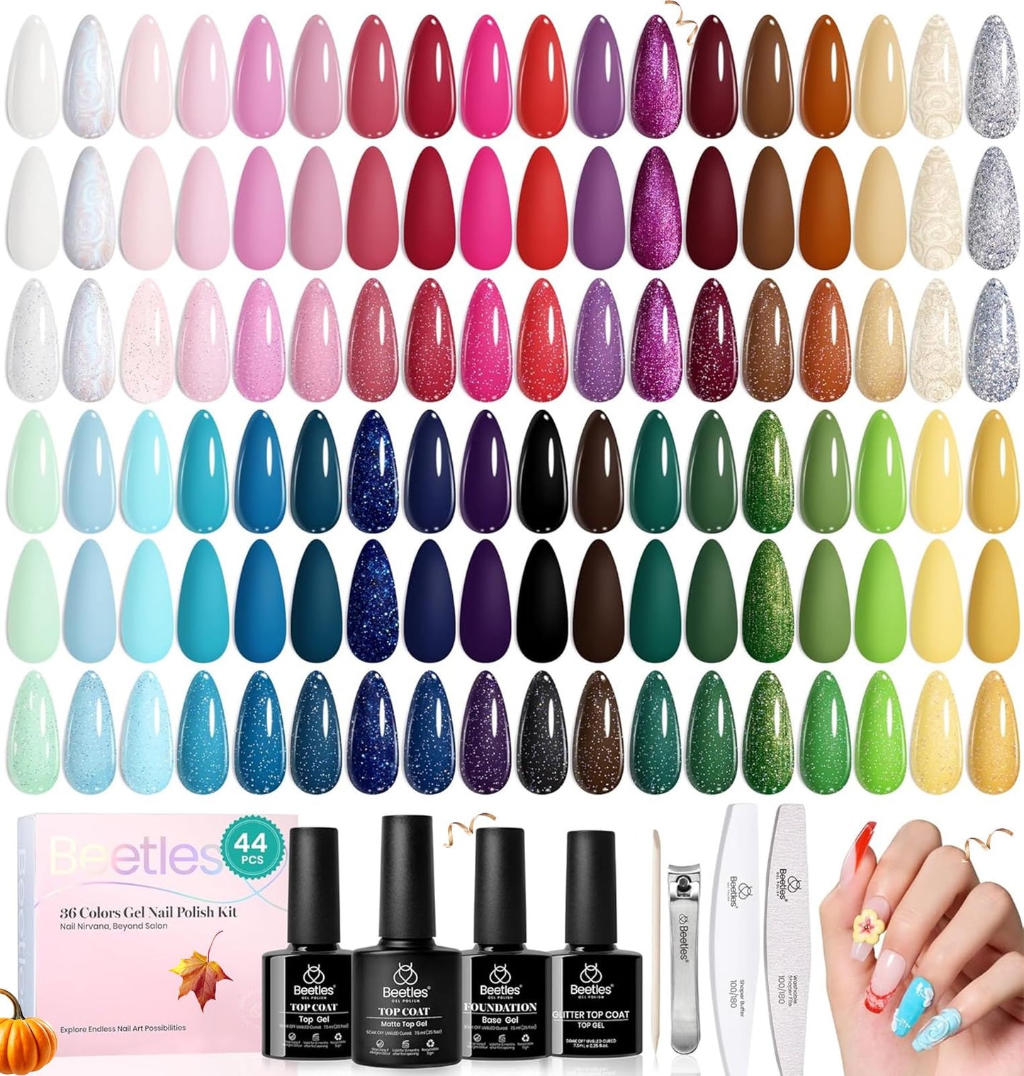 Beetles Fall Gel Nail Kit, Mystic Wonderland Gel Polish Set, 36 Colors Burgundy Brown Orange Red Polish Kit with Base Coat Glossy Matte & Glitter Top Coat Soak Off UV Led Nails Gifts for Women