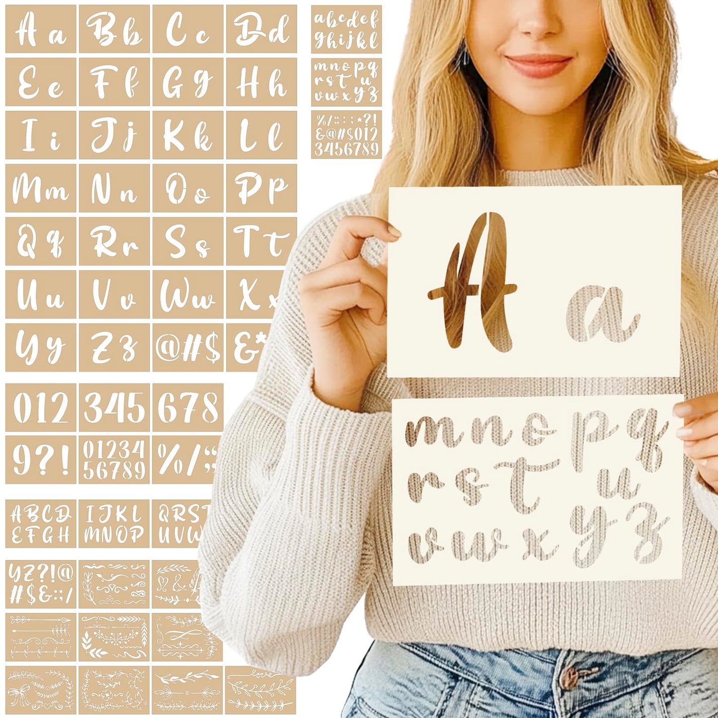 Patemby 50PCS Calligraphy Stencil Template Kit - 4 Inch and 2 Inch Letter Stencils and Numbers, Plastic Alphabet Stencils for Crafts Reusable for Arts Crafts Painting Wood