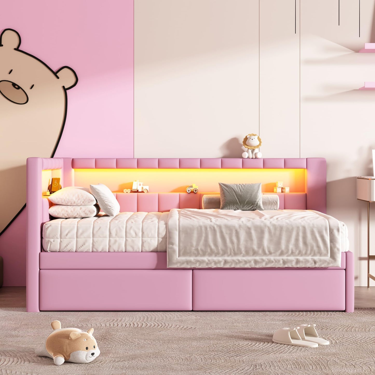Bellemave Twin Size Upholstered Daybed with Drawers and USB/LED Belt, Corner Bed with Drawers. L-Shape daybed for Bedroom Living Room, Pink（Linen）