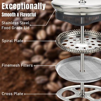 KYZ French Press Coffee Maker, 304 Stainless Steel with 4 Level Filter, 20oz Borosilicate Glass Coffee Press, Heat Resistant, Easy to Clean, 100% BPA Free for Coffee & Tea