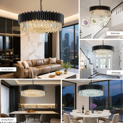 YOLIZUOT Black Crystal Chandelier 30'' K9 Crystal Round Pendant Lights Adjustable 6-Tier Large Modern Crystal Chandelier Light 12-Lights for Dining Room Living Room Kitchen Foyer Entryway