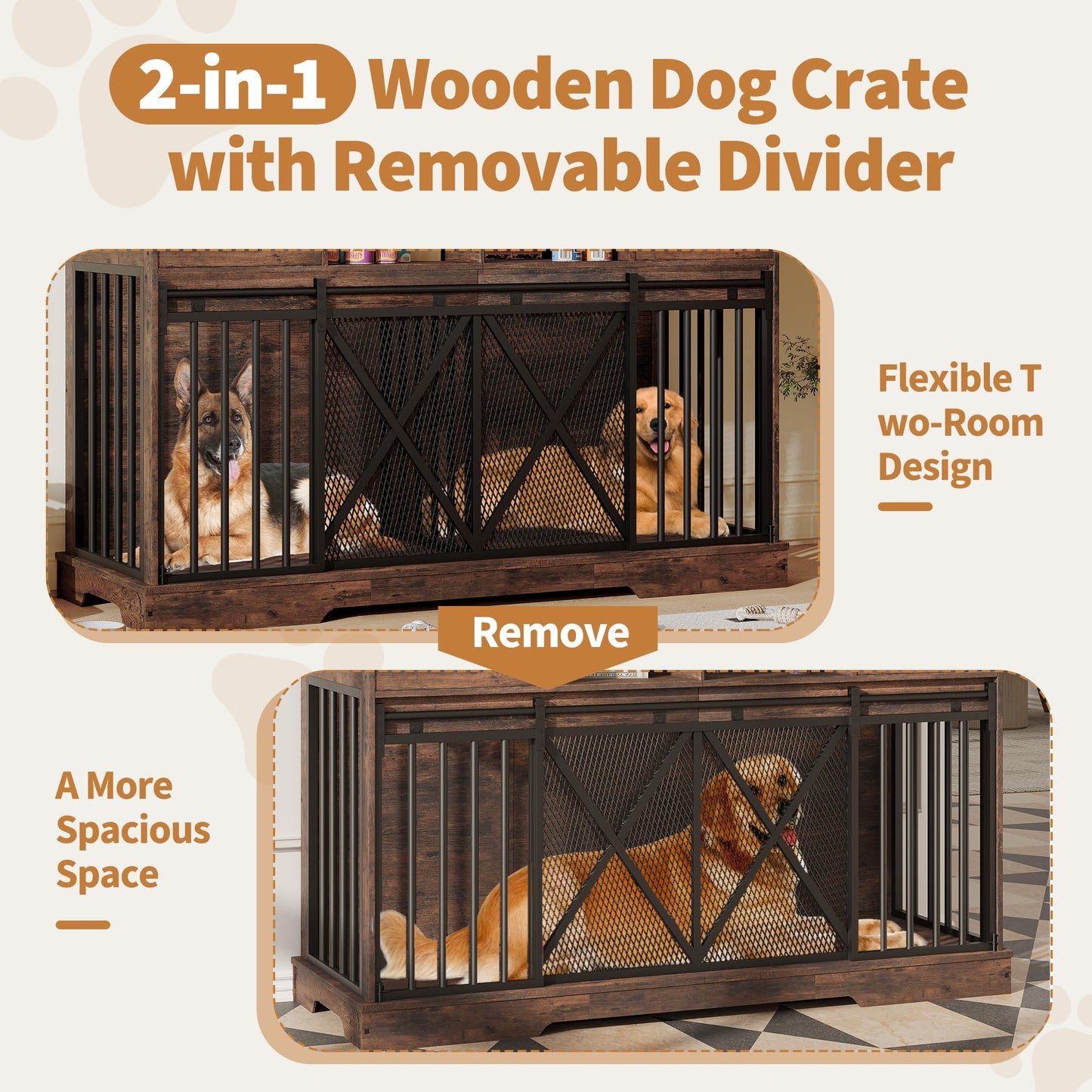 Garvee Double Dog Crate Furniture, 63” Large Dog Kennel Furniture with Divider and Sliding Doors, Heavy Duty Dog Kennel Furniture with Drawers and Shelves for Living Room, Retro Brown