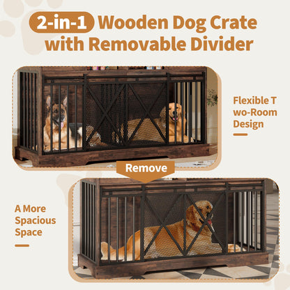 Garvee Double Dog Crate Furniture, 63” Large Dog Kennel Furniture with Divider and Sliding Doors, Heavy Duty Dog Kennel Furniture with Drawers and Shelves for Living Room, Retro Brown
