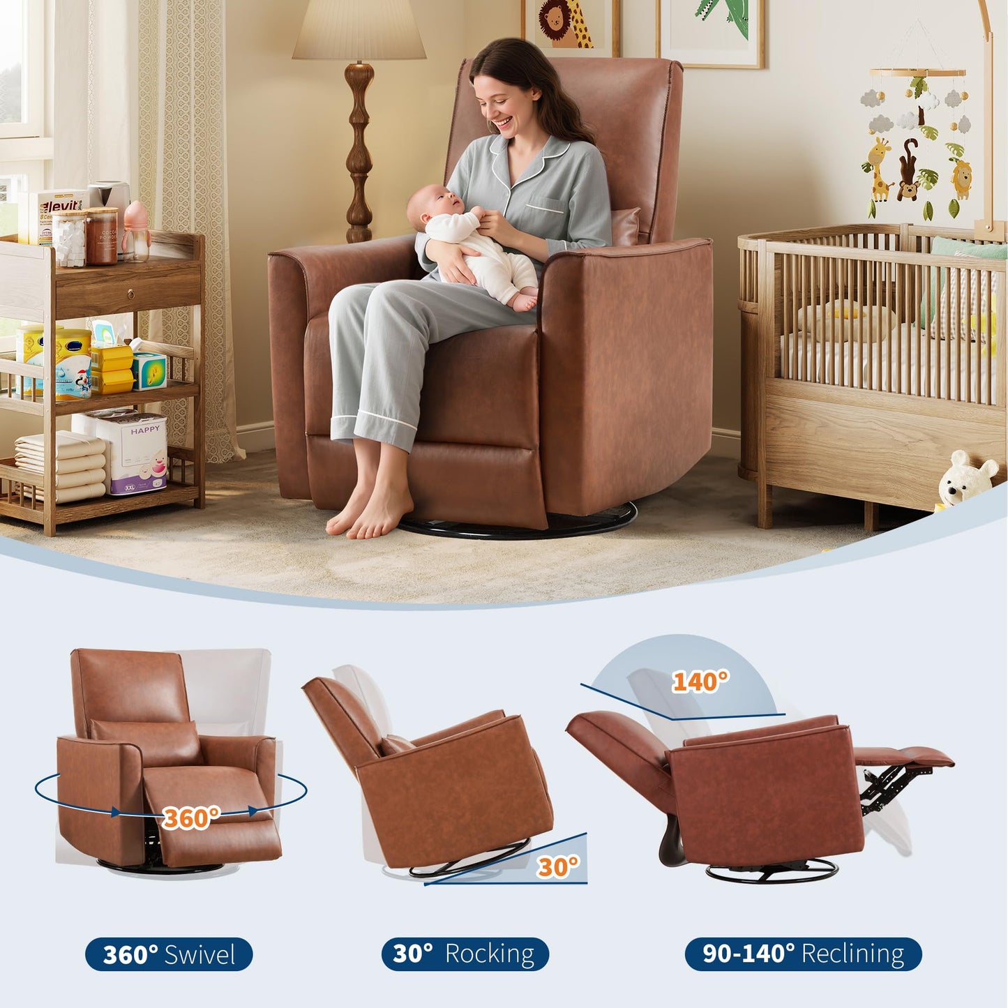 IDEALHOUSE Swivel Rocking Nursery Recliner Chair Rocker Recliner Glider Deep Seat PU Leather Sofa Chair with high Backrest for Nursery, Living Room, Bedroom & Home Movie Theater (Chocolate)