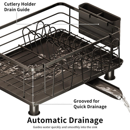 PureBox Dish Drying Rack with 2 Utensil Holders, Rustproof Metal Kitchen Counter Organizer with Cup Holder & Drain Board, Large Capacity Dish Rack for Sink, Black