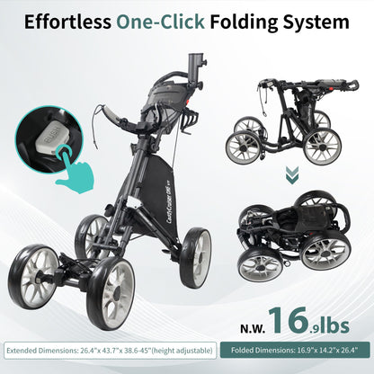 Caddytek CaddyCruiser ONE V8 4 Wheel Golf Push Cart - Lightweight Aluminum Foldable Cart with EVA Wheels, Foot Brake, Adjustable Handle, Cooler Basket, Umbrella Holder, Drink Holder, Scorecard Console