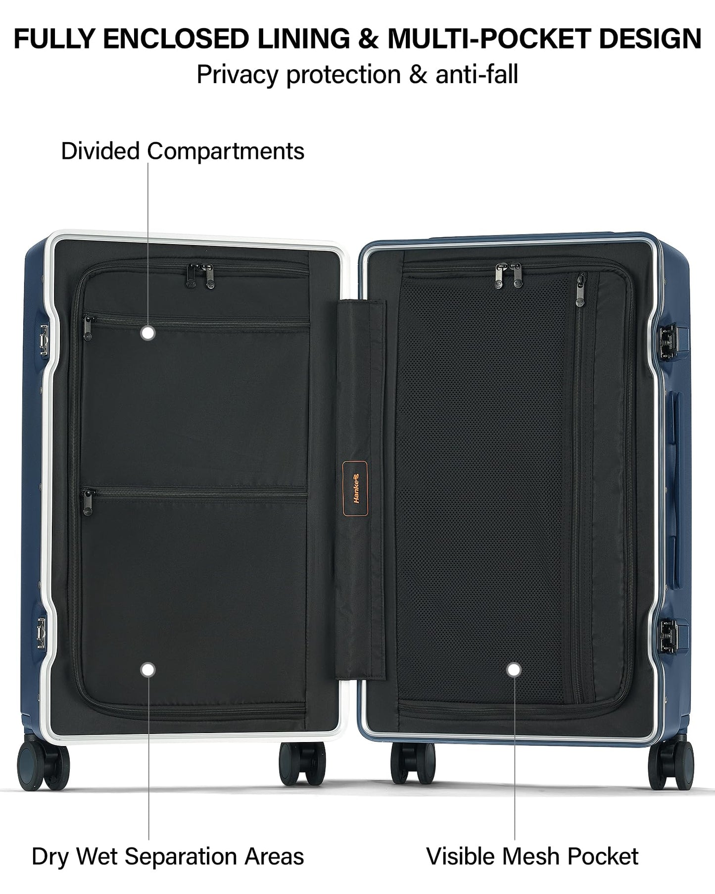 Hanke Premium 24 Inch Zipperless Medium Checked Luggage, Aluminum Frame Hard Shell PC Suitcase with TSA Lock and Multi-Handle Design, 8 Quiet Spinner Wheels for 1-2 Week Trip（Abyssal Blue）