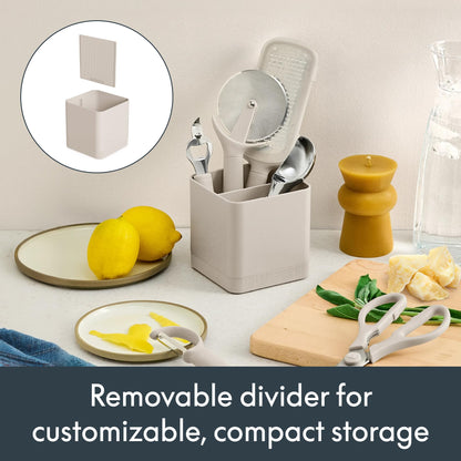 bella 7-Piece Modular Gadget Set, Grater, Pizza Cutter, Ice Cream Scoop, Peeler, Shears, Bottle Opener, Crock with removable divider, Dishwasher Safe, Oatmilk