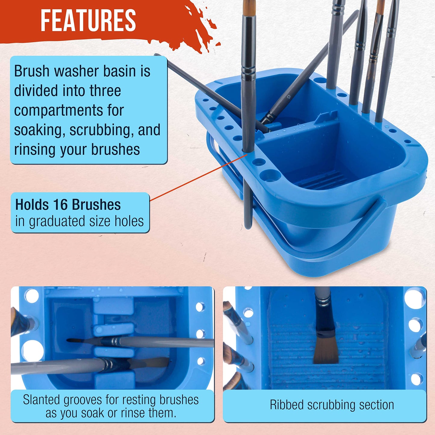 U.S. Art Supply 16-Hole Plastic Paint Brush Cleaner Washer & Paint Brush Holder with Palette Lid for Acrylic, Watercolor & Oil Paints