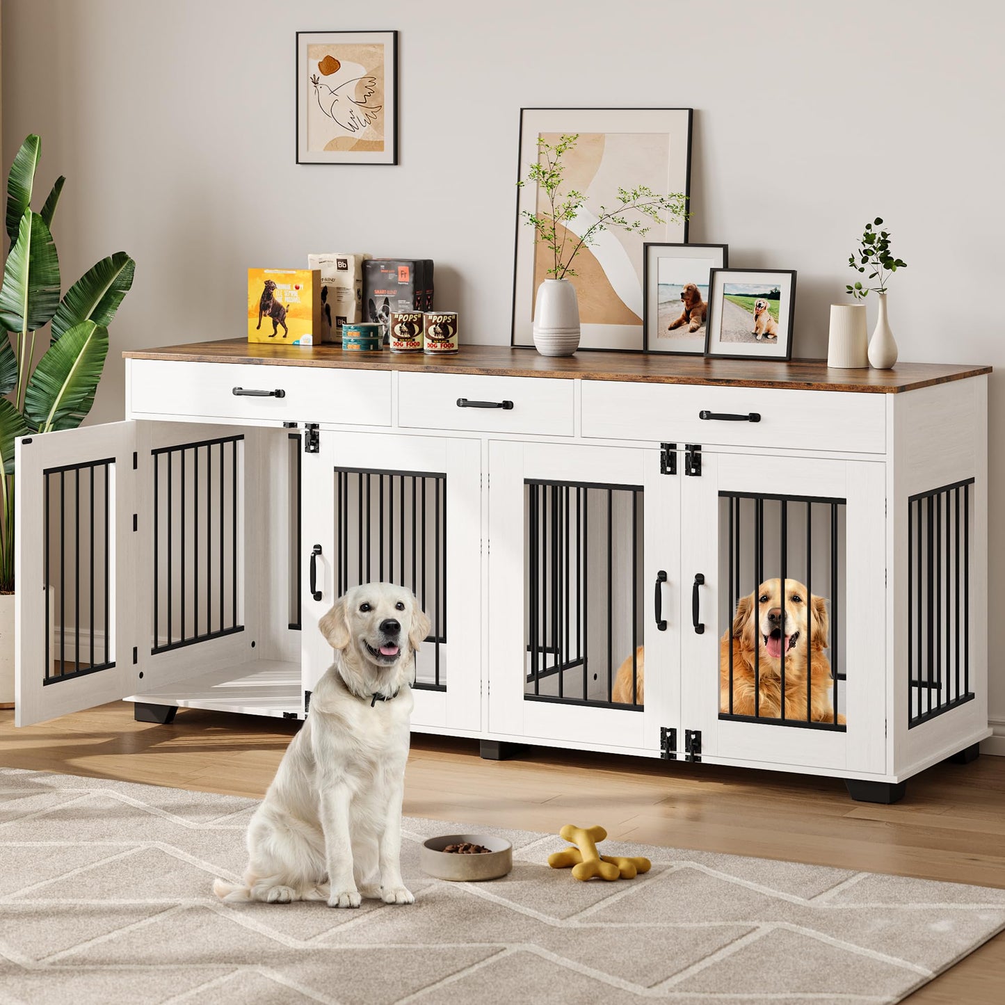 Garvee 71 in Large Dog Crate Furniture for 2 Dogs with 3 Drawers, Heavy Duty Double Indoor Dog Kennel and TV Stand for Medium Large Dogs, Brown & White