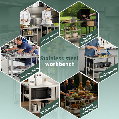 Stainless Steel Table with Wheels for Food Preparation and Work, Multi-Size Optional, Three-Layer Variable Two-Layer Metal Commercial Workbench Outdoor, Restaurant, Kitchen (72" Lx24 Wx34 H)