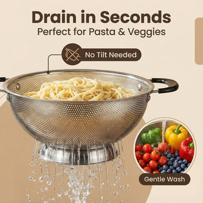 304 Stainless Steel Colander, 3 Quart Micro-Perforated Strainer with Heavy Duty Plastic Handles - Fast Draining Metal Basket for Rinsing Rice, Washing Vegetables, Draining Pasta - Dishwasher Safe