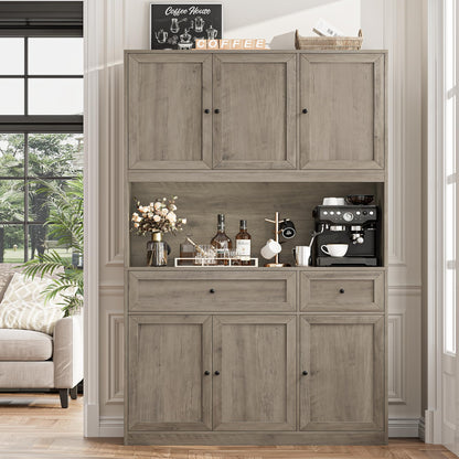BOTLOG 72" Kitchen Pantry Cabinet, Kitchen Hutch with Microwave Stand, Buffet Cabinet with Hutch for Dining Room, Ash Gray