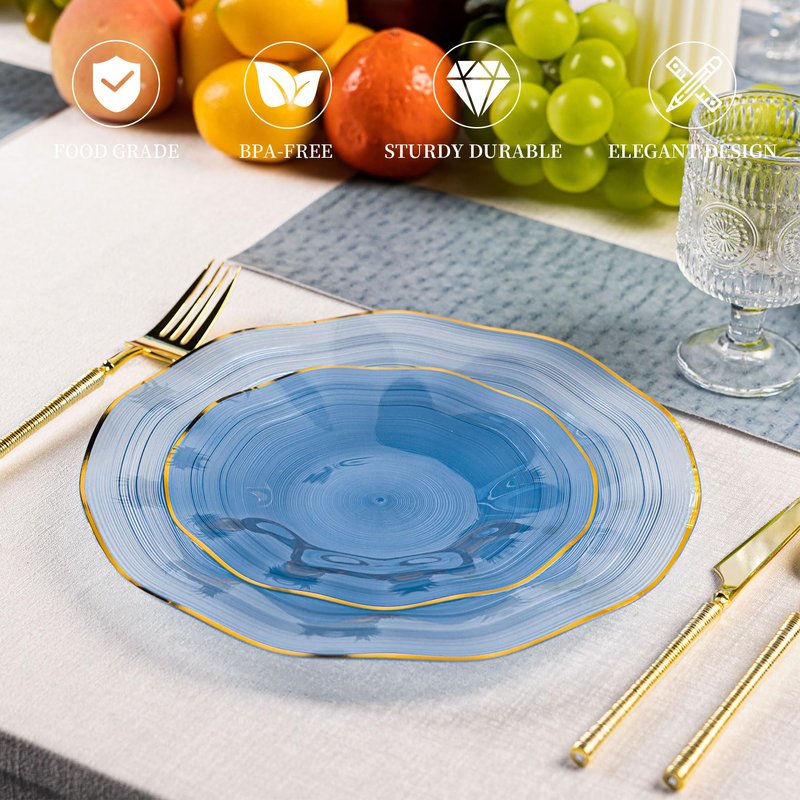 Pryntono 120PCS Blue Plastic Plates with Gold Rim, Heavy Duty Disposable Plates, Elegant and Fancy 60 Dinner and 60 Dessert Plates for Party and Wedding