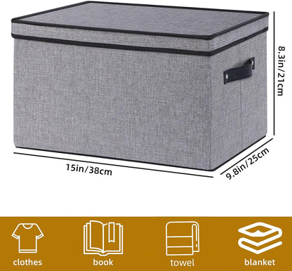 Fabric Storage Boxes, 15 x 9.8 x 8.3 Inch Bins with Lids, Medium Gray Decorative Linen Closet Organizers with Handles,