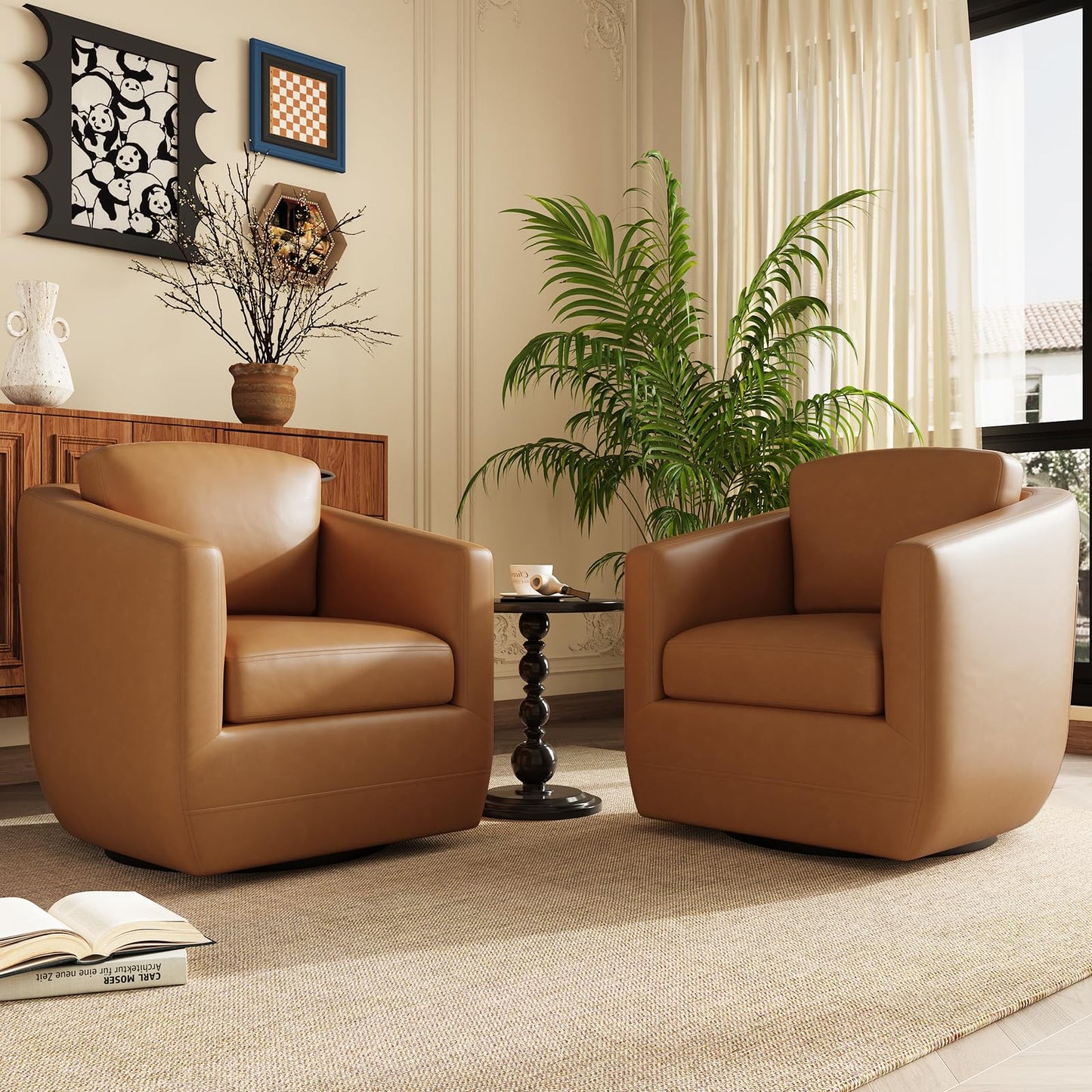 MALOL 360° Swivel Accent Chair Set of 2 with Pillow - Comfy Living Room Armchair No-Sag Foam & Sturdy Metal Base, Fully Assembled Swivel Accent Single Sofa for Bedroom Living Room, Office, Brown