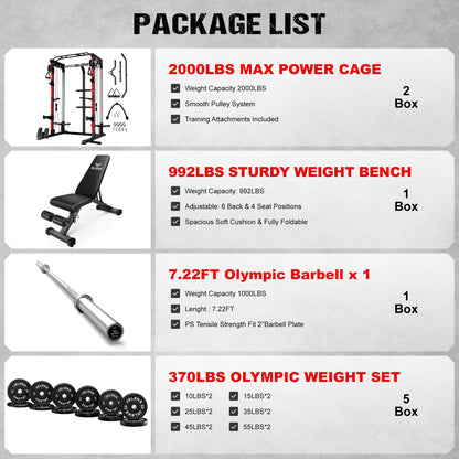 JELENS C21 Power Cage, 2000LBS Multi-Function Power Rack with Independent Dual Pulley System, All-in-One Squat Rack for Cable Crossover, Home Gym Workout Machine (Red, 370LBS Black)