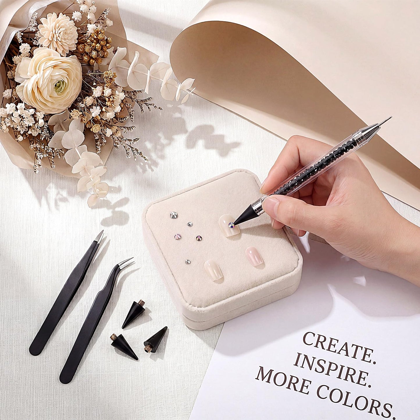 Tatuo 4 Set/26 Pcs Rhinestone Picker Tool Dotting Pen Dual-Ended Nail Art Rhinestones Applicator Gems Crystals Beads Picker Wax Pencil with 20 Wax Head 2 Tweezers DIY Nail Art Tool (Black)