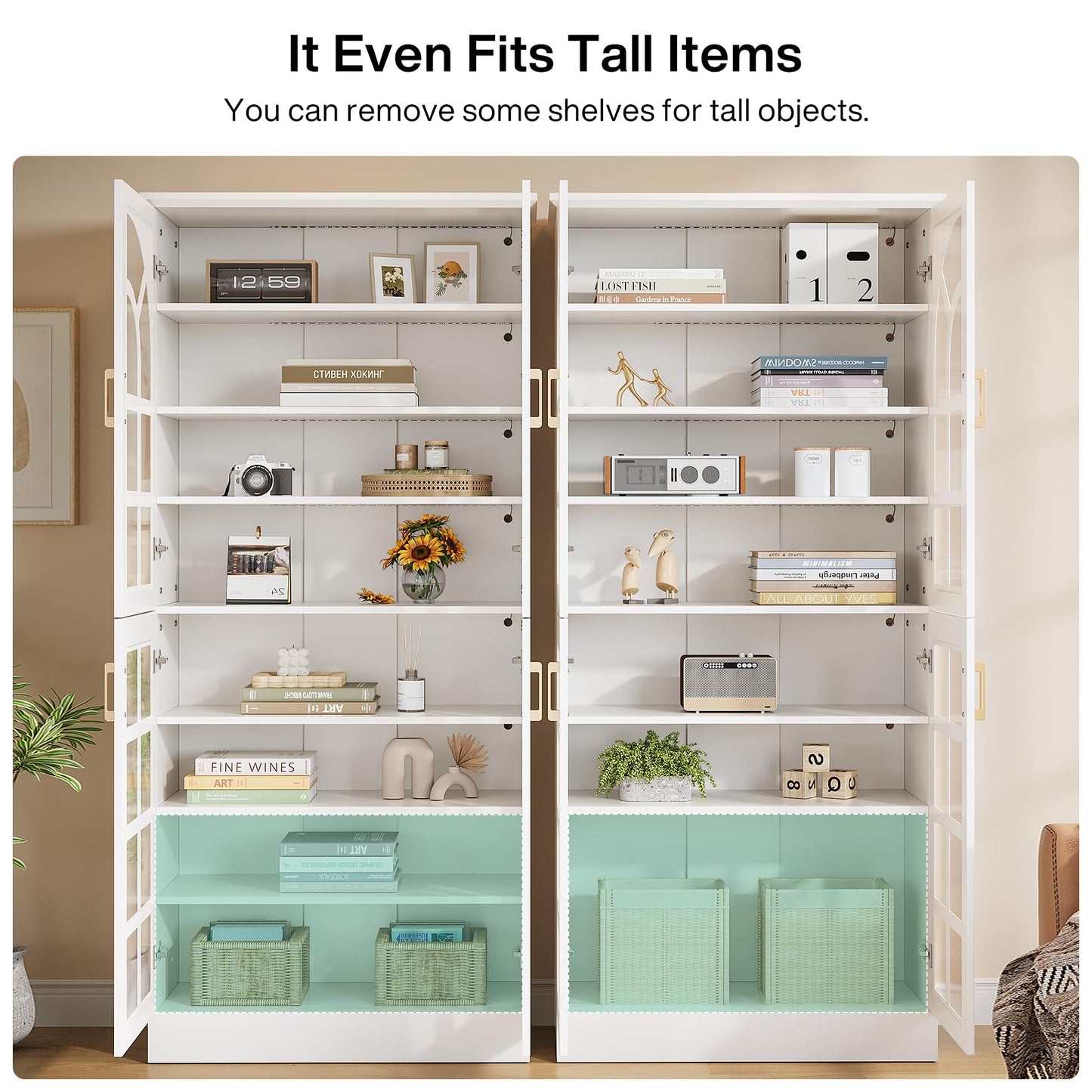 Tribesigns 8-Tier Bookshelf with Doors and LED Lights, 68.9" Tall Bookcase with Adjustable Shelves, Modern Wooden Display Cabinet for Living Room, Home Office, Bedroom, White (1PC)