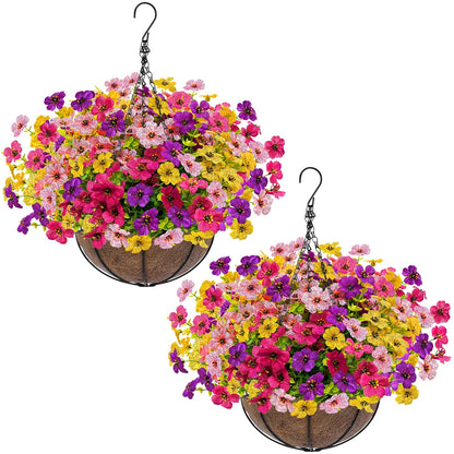 Grandeal 2 Sets Artificial Hanging Plants Flowers Basket Outdoor, Fake Hanging Plants 24 Pcs Flowers for Porch Patio Garden Home Decor for Spring Summer (Red, Purple, Yellow, Rose Red)