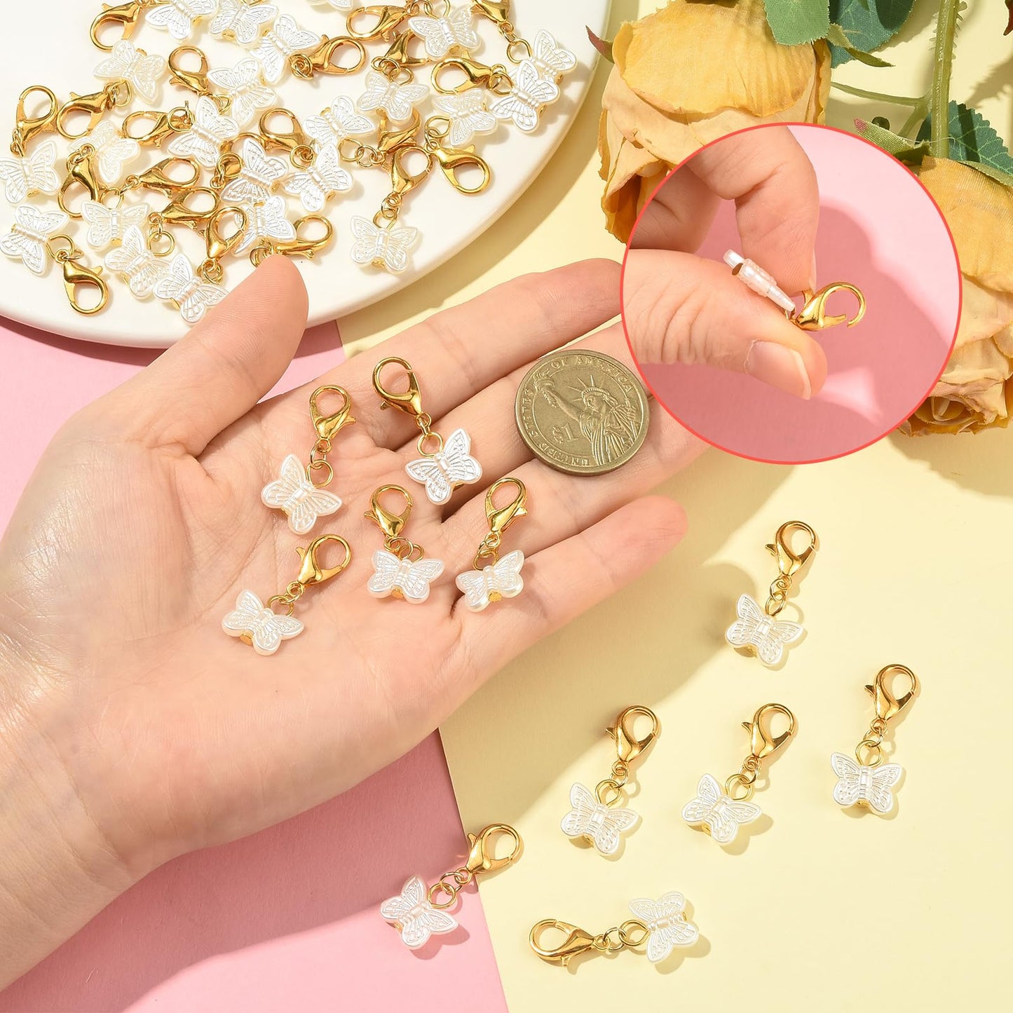 LEGENTLISUR 100PCS Butterfly Charms for Jewelry Making White Clip on Charms Acrylic Pendant with Lobster Clasps for Stitch Markers DIY Earrings Bracelet Crafts
