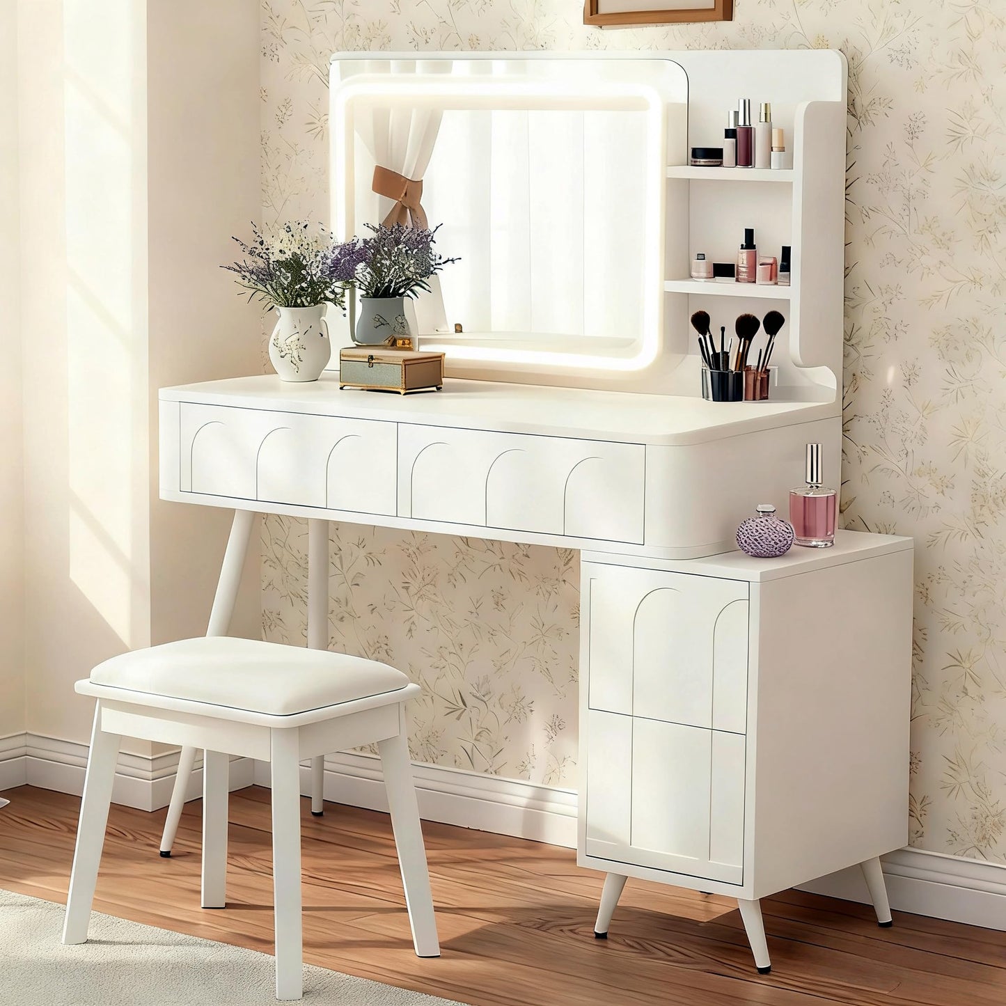 Merax Makeup Vanity Desk with Mirror and Lights, Vanity Table and Stool Set with Drawer & Movable Side Cabinet, White Dressing Table for Bedroom with LED Mirror Stepless Dimmable & 3 Color Modes
