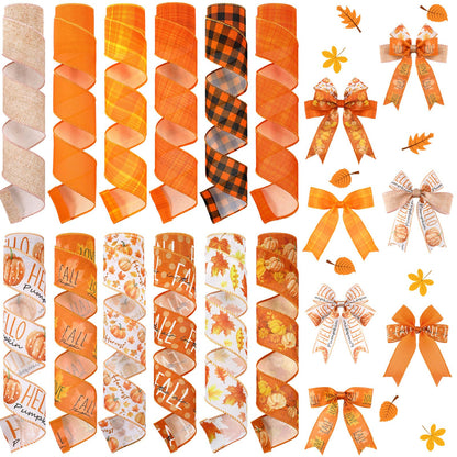 12 Rolls Fall Wired Edge Ribbon for Wreaths 2 Inch x 60 Yards Maple Leaves Pumpkin Burlap Ribbon Thanksgiving Plaid Crafts for Autumn Harvest Party Decoration Supplies, 12 Styles