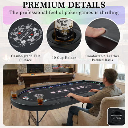 REAHOISY LED Poker Table, 84" 10 Players Oval Foldable Texas Holdem Casino Table with Tri-Color LED Lights, Board Game Table for Home Game Room with 10 Cup Holders and Padded Armrests