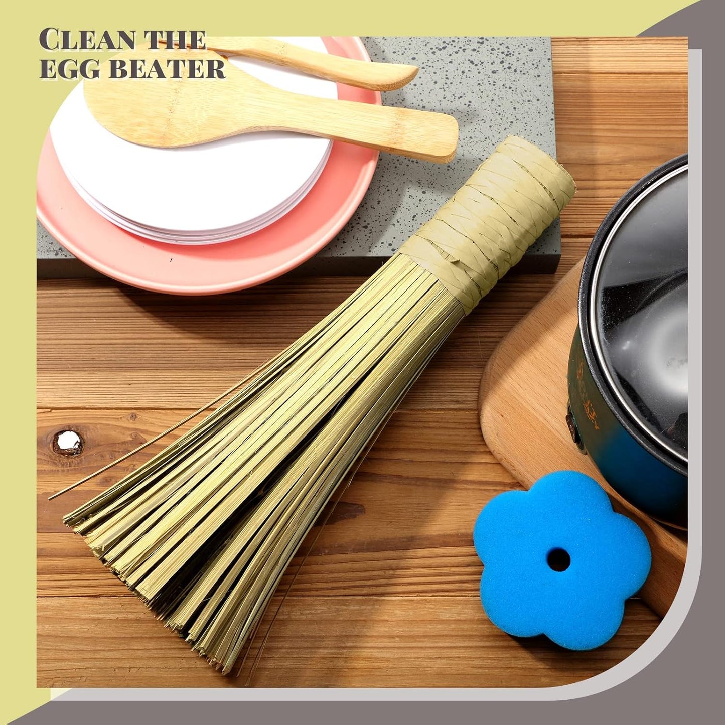 2 12 Inches Pcs Bamboo Wok Brush Bamboo Kitchen Cleaning Brush Pot Scraper Scrubber Dish Pan for Cooking Skillet Grill