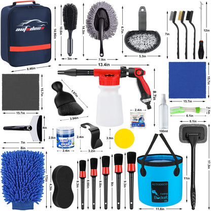 AUTODECO 42Pcs Car Wash Detailing Kit Cleaning Set with Foam Gun Sprayer, Long-Handle Brush, Collapsible Bucket, Large Wash Mitt, Towels, Complete Interior & Exterior Car Washing Supply Set (Blue)