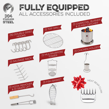 Smoked Grillers Barrel Smoker Grill Combo | 100% 304 Stainless Steel Barrel | 95% Less Smoke, Even Heat | Easy to Use & Clean – Vertical Smoker Ideal for Balconies and Backyards (MEDIUM-25 LBS)