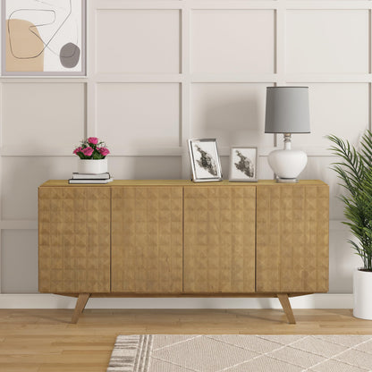 NTC Sapa Mid-Century Modern Solid Wood Sideboard – 4-Door Accent Buffet Cabinet with Carved Geometric Fronts, for Living Room, or Entryway, Effortless Assembly, Sand