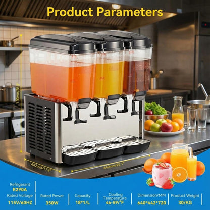 EliteEdge Stainless Steel Commercial Beverage Dispenser with Thermostat Control, 3-Tank 9.6 Gallon Capacity for Lemonade, Coffee, and Cold Drinks, Suitable for Home or Hospitality Use