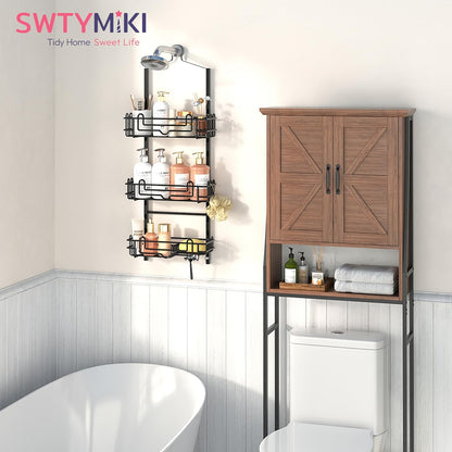SWTYMIKI Shower Caddy - 3-Tier Rustproof Organizer with Adjustable Baskets & Hooks | No Drill, Black