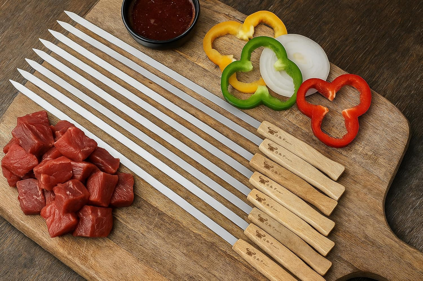G & F Products Brazilian BBQ Skewers 16 Piece Set Stainless Steel Kabob Sticks 17-Inch Flat Blade with Hardwood Handles Reusable Commercial Grade for Grilling Meat Kebab and Outdoor Cooking