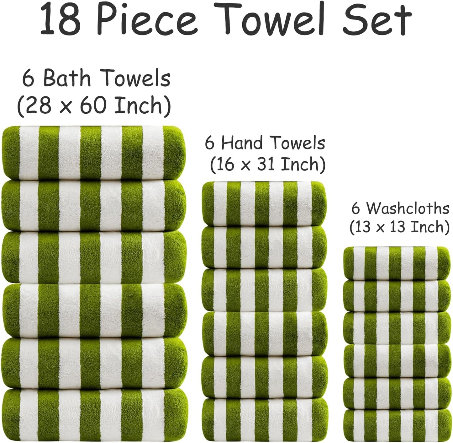 18 Set Loop-6 Towels,6 Towels,6 Set Pcs Green Stripe Bath Towel with Hanging Bath Hand Washcloths Soft Family Towels