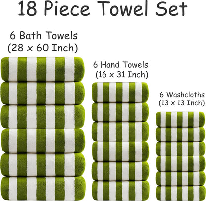 18 Set Loop-6 Towels,6 Towels,6 Set Pcs Green Stripe Bath Towel with Hanging Bath Hand Washcloths Soft Family Towels