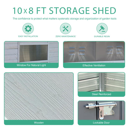 Jaxenor 8x10 FT Outdoor Wood Storage Shed, Garden Tool Shed with Windows, Outside Storage Shed Waterproof for Backyard, Garden, Patio, 4 Vents (Without Floor) Gray