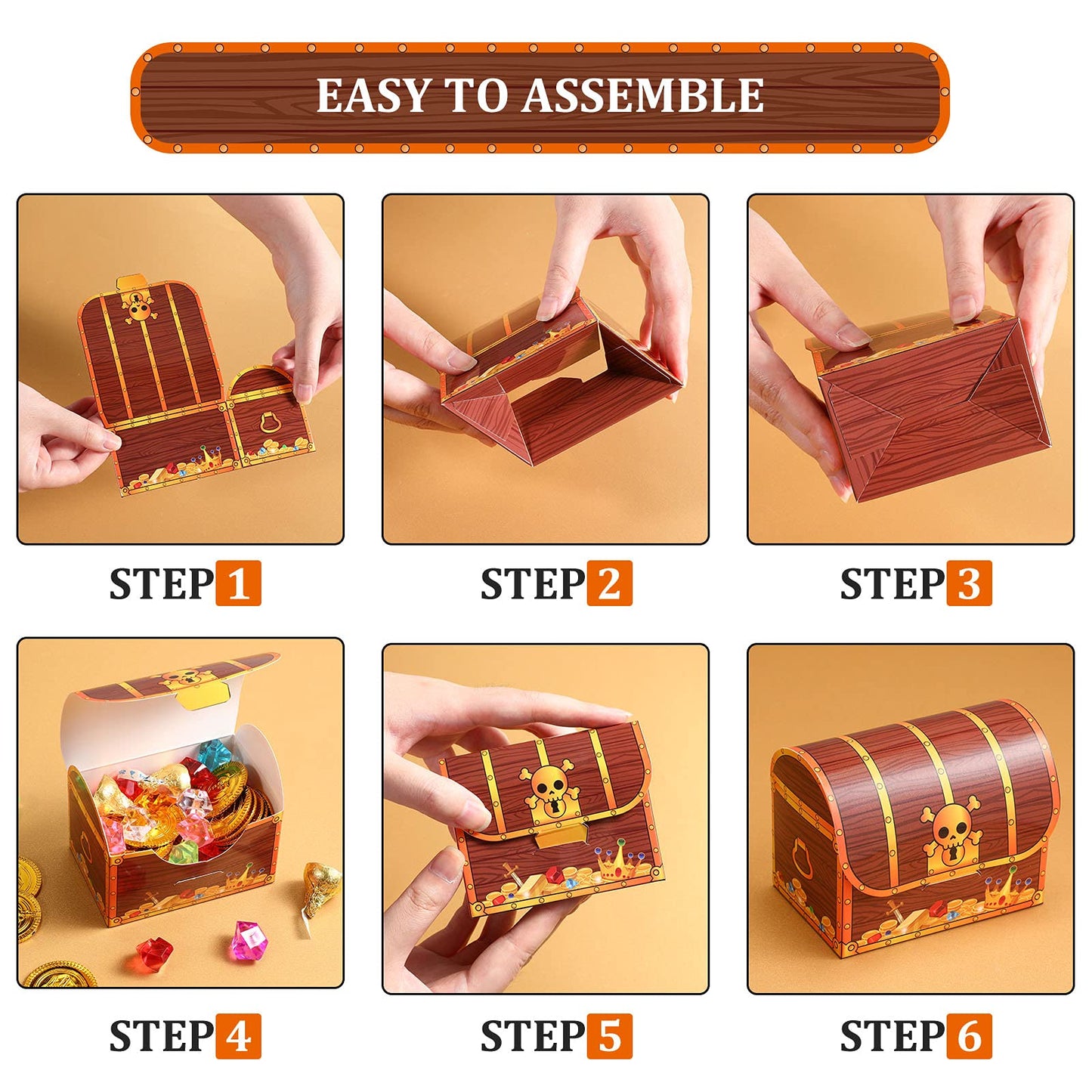Chinco Treasure Treat Chest Boxes Cardboard Pirate Treasure Chest Party Favor Box Present Goodie Boxes for Halloween Game Pirate Theme Party（48 Pcs）