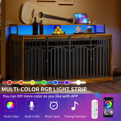 DWVO 71" Double Dog Crate Furniture with LED Light & Power Outlets, Heavy Duty Dual Dog Kennel TV Stand w Storage Shelves Sliding Doors, Wooden Two Dog Cage Table 2 Medium Large Dogs, Rustic Brown