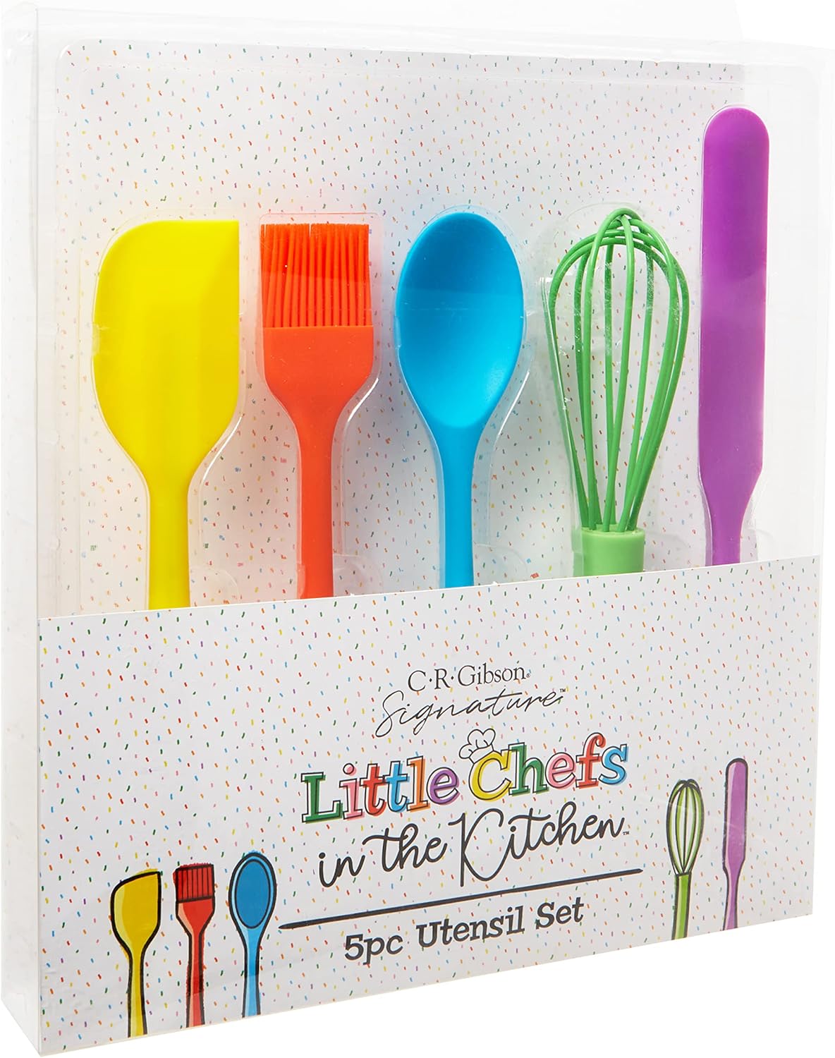 C.R. Gibson Kids in The Kitchen Silicone Utensil Set, Oil Brush, Spoon, Whisk, Long Spatula, Multicolor