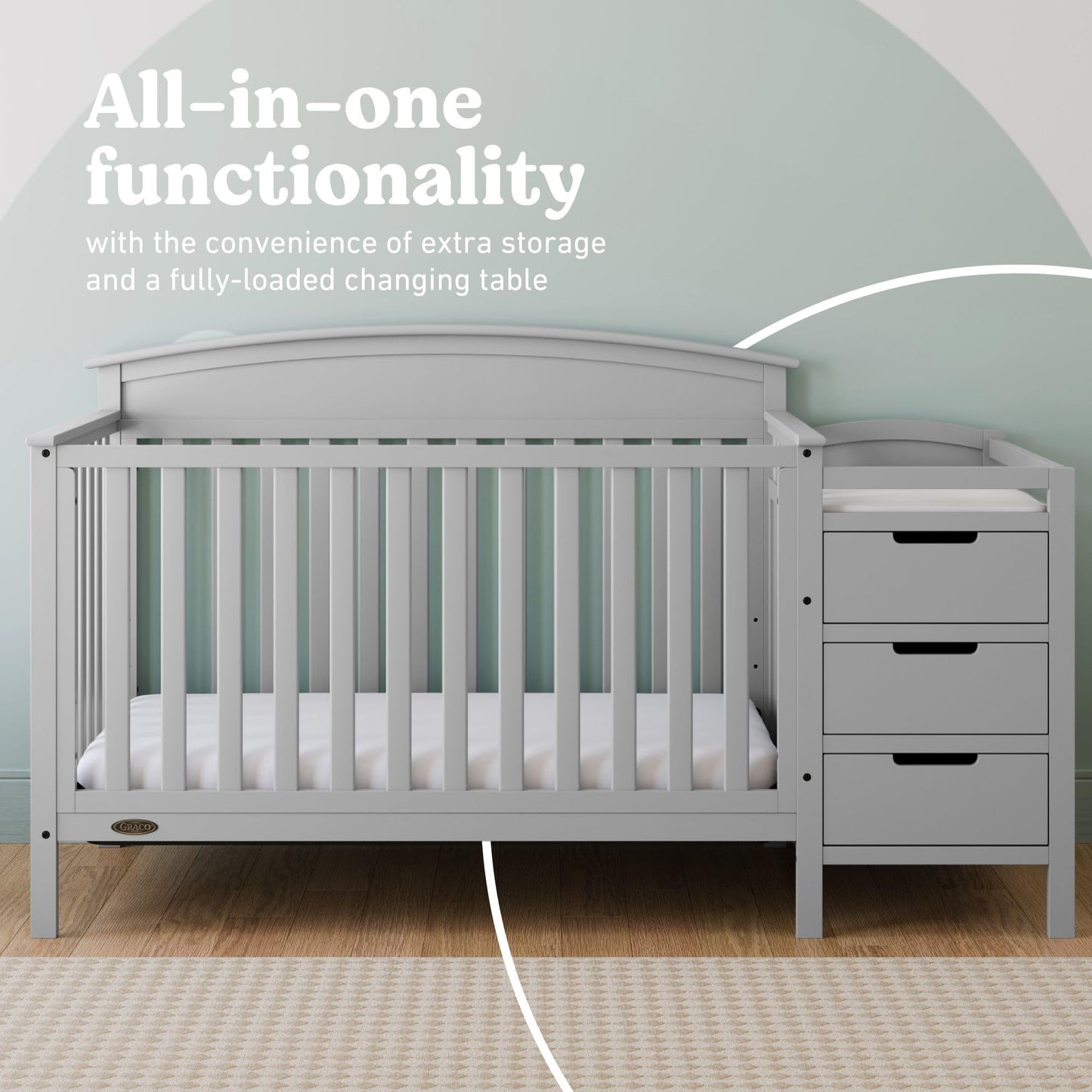 Graco Benton 4-in-1 Convertible Crib and Changer – GREENGUARD Gold Certified, Crib & Changing-Table Combo, Water-Resistant Changing Pad, Converts to Toddler Bed, Daybed and Full-Size Bed (Pebble Gray)