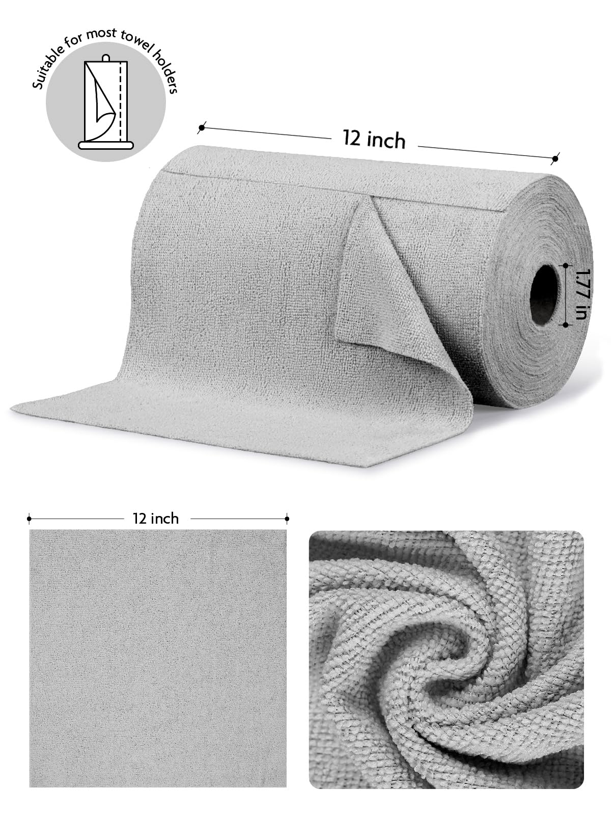 Fantasticlean Microfiber Cleaning Cloth Roll -75 Pack, Tear Away Microfiber Towels, 12" x 12", Reusable, Washable, Scratch Free, Ultra Absorbent Dishcloth for All-Around Cleaning Supplies (Grey)
