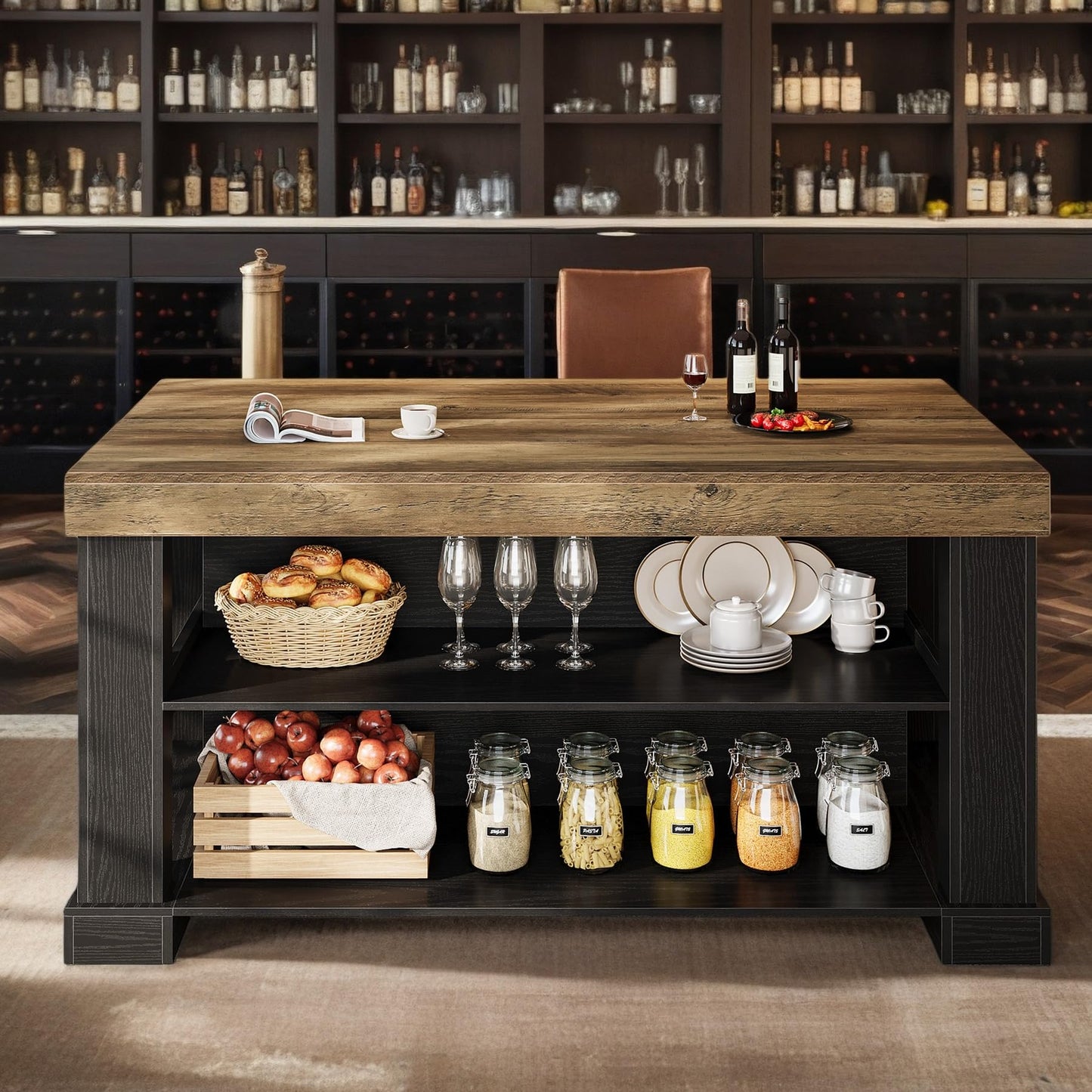 Tribesigns Kitchen Island with Storage, 55-Inch Farmhouse Stationary Island Table with Large Countertop, 3-Tier Wooden Center Bar Table for Kitchen, Dining Room, Black and Brown