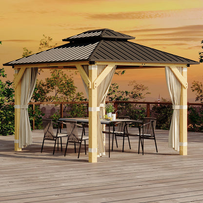 IDEALHOUSE 10x12 FT Outdoor Hardtop Wood Gazebo with Cedar Frame, Double Galvanized Steel Roof, Patio Pavilion with Curtains, Mesh Netting & Ceiling Hook for Backyard, Deck, Lawn, Garden
