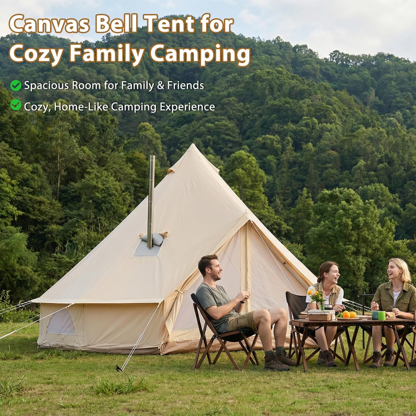 Canvas Bell Tent for Camping, 4-Season Yurt Tent with Stove Jack, All Year Living Glamping Tent for 4–6 Person, Sturdy Shelter for Family Camping & Backyard (13.1ft/4m)