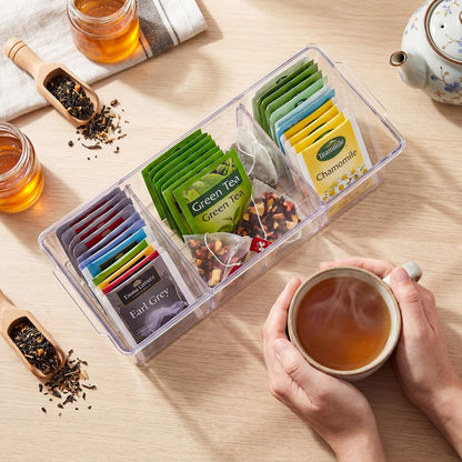 Hoteam 3 Pack Tea Bag Organizer with Lids,Clear Stackable Plastic Tea Bag Storage Organizer for Cabinet Counter Countertop Pantry, Sweeteners (Flip Top,3 Grids)