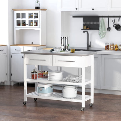 HOMCOM Kitchen Island with Stainless Steel Top, Traditional Kitchen Island with Storage, Butcher Block Cart 2-Tier Open Shelves, Drawers, White